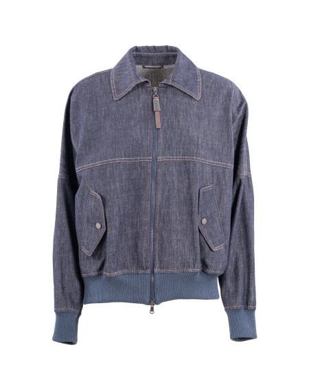 Shop BRUNELLO CUCINELLI  Bomber: Brunello Cucinelli bomber in twill effetto denim con Shiny Zipper Pull.
Chiusura con zip e doppio cursore.
Sfoderato.
Tasche basse con bottone automatico.
Decorazione in monile Nickel-free.
Composizione: 100% cotone.
Made in Italy.. MB1257470-C001